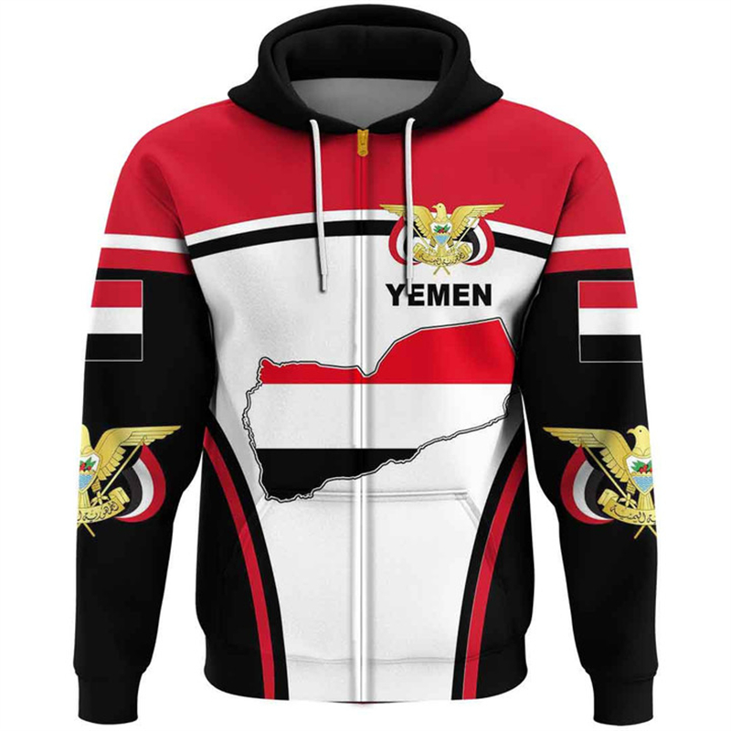 Mens Fashion Zip Up Hoodies - Vintage Men's Hoodie Yemen Flag Pattern