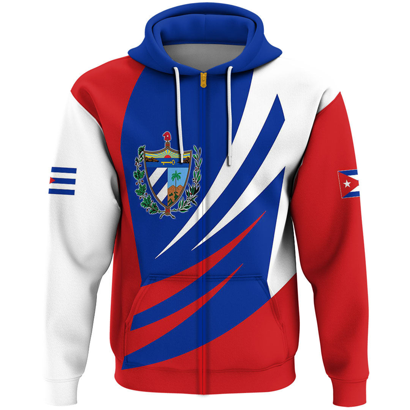 Mens Fashion Zip Up Hoodies - Cuba Flag Map 3D Print Zip